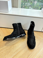 YSL 25S ANKLE FLAT BOOTS IN BLACK SUEDE WITH SIDE ZIPPER