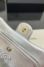 CHANEL 25S FLAP CHARM BAG 13 IN SILVER METALLIC LAMBSKIN