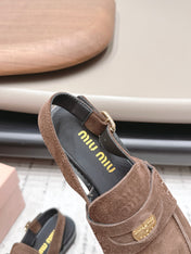MIUMIU 26S PENNY SLINGBACK LOAFERS IN DARK BROWN SUEDE GOLD HARDWARE