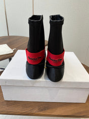DIOR 25S STRETCH BALLET BOOTS IN BLACK AND RED SATIN
