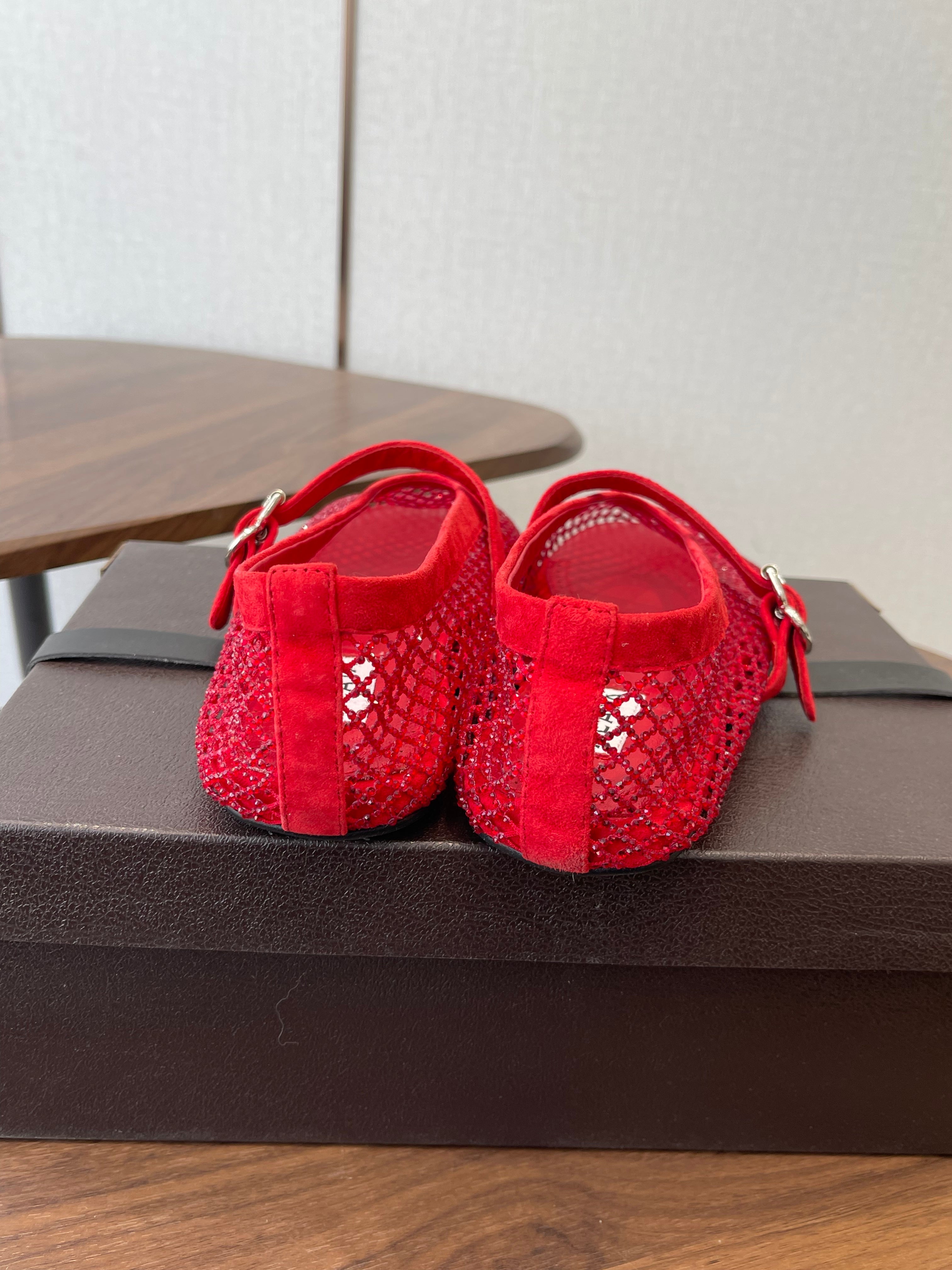 ALAIA 26S MESH FLATS IN RED SUEDE RHINESTONE-EMBELLISHED
