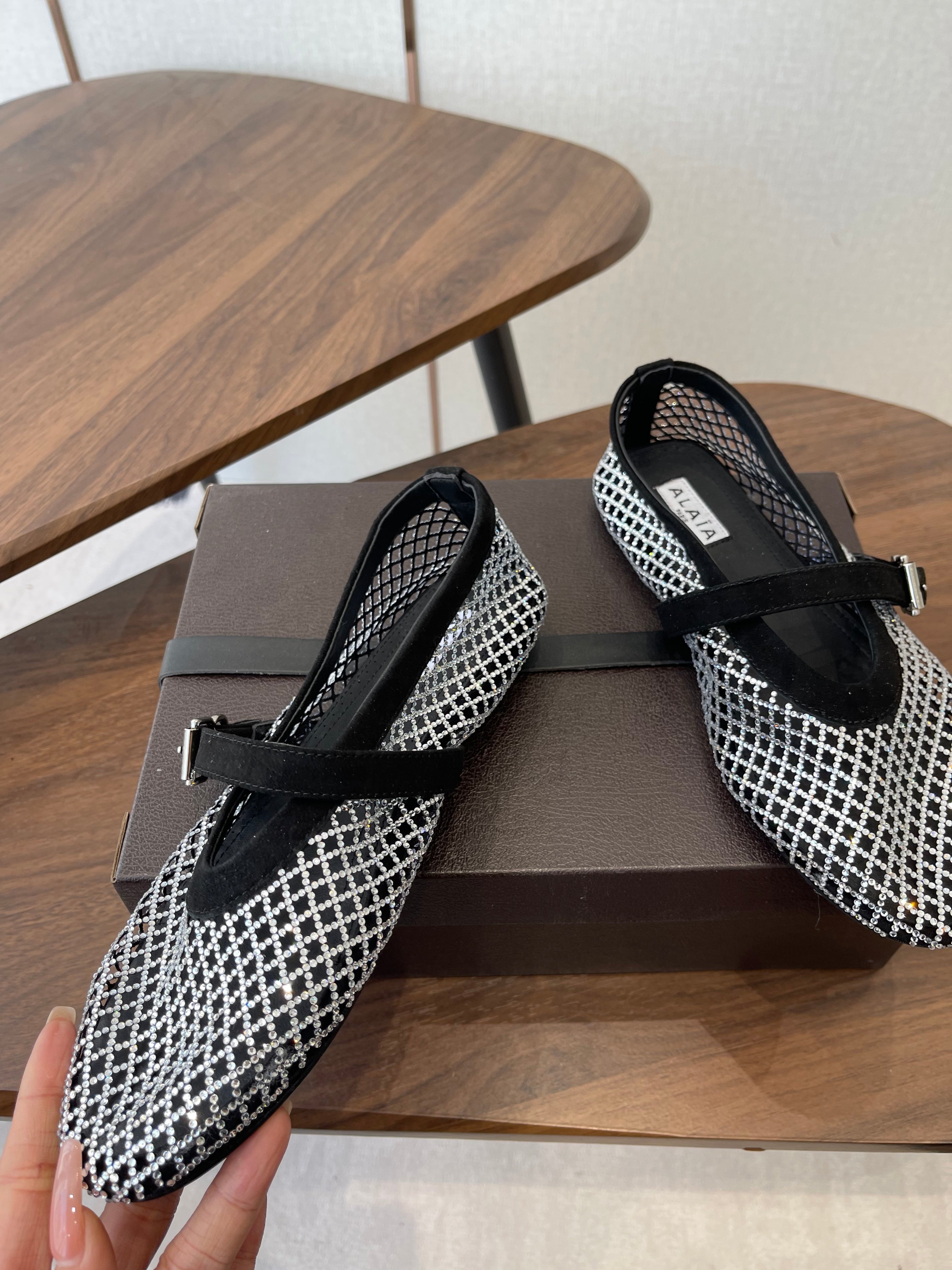 ALAIA 26S MESH FLATS IN BLACK SUEDE AND WHITE RHINESTONE-EMBELLISHED