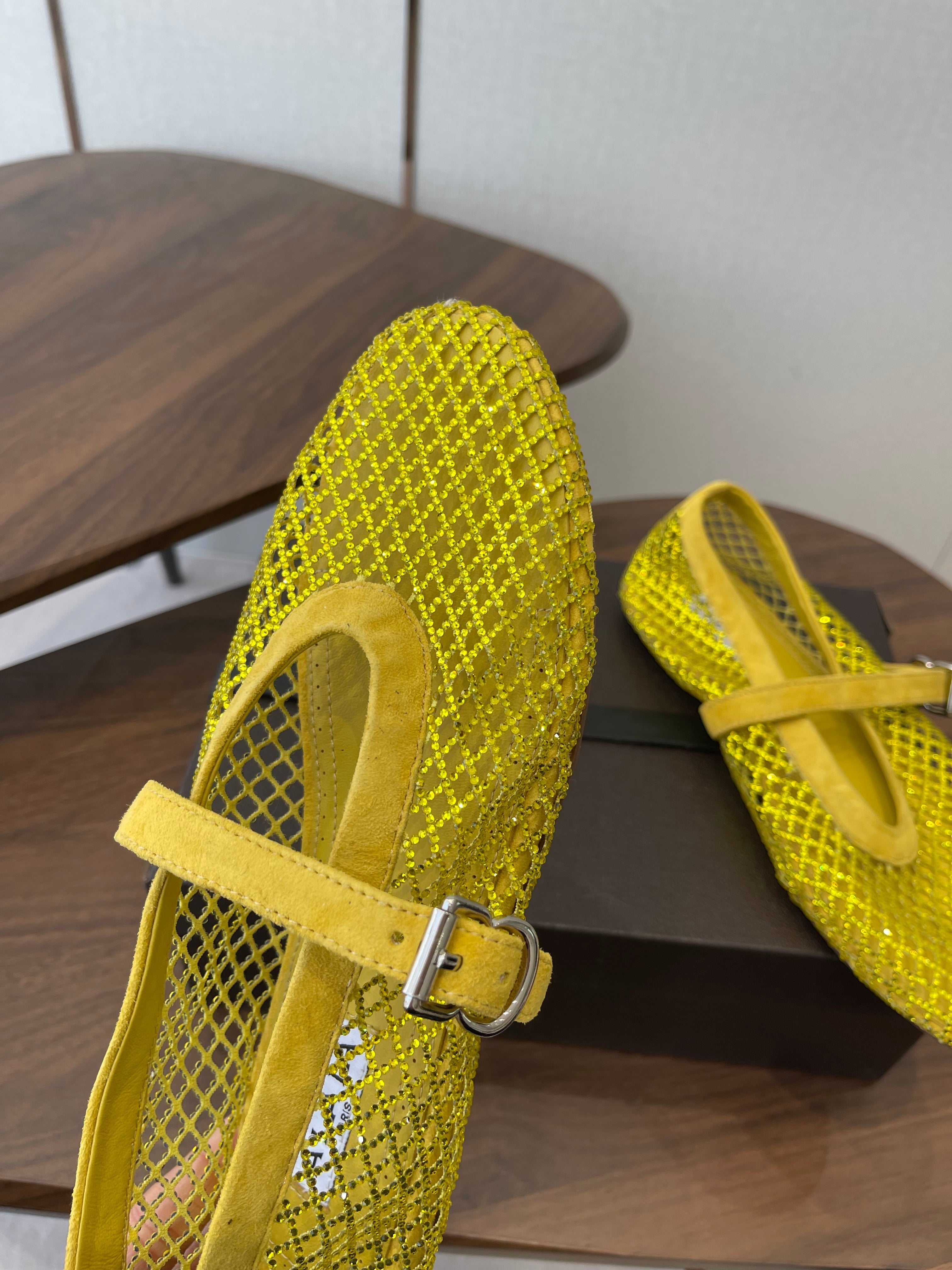 ALAIA 26S MESH FLATS IN DARK YELLOW SUEDE RHINESTONE-EMBELLISHED