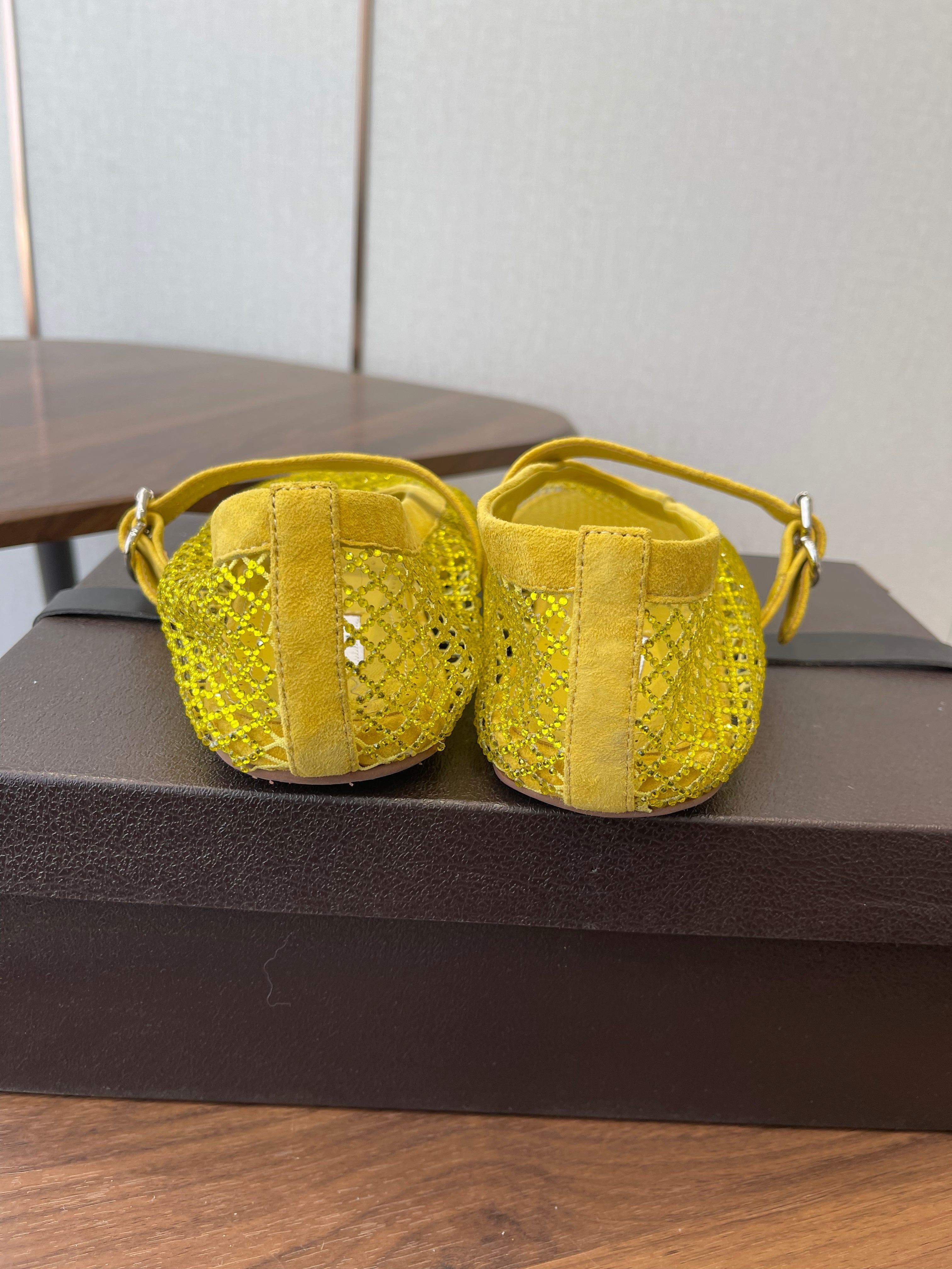 ALAIA 26S MESH FLATS IN DARK YELLOW SUEDE RHINESTONE-EMBELLISHED