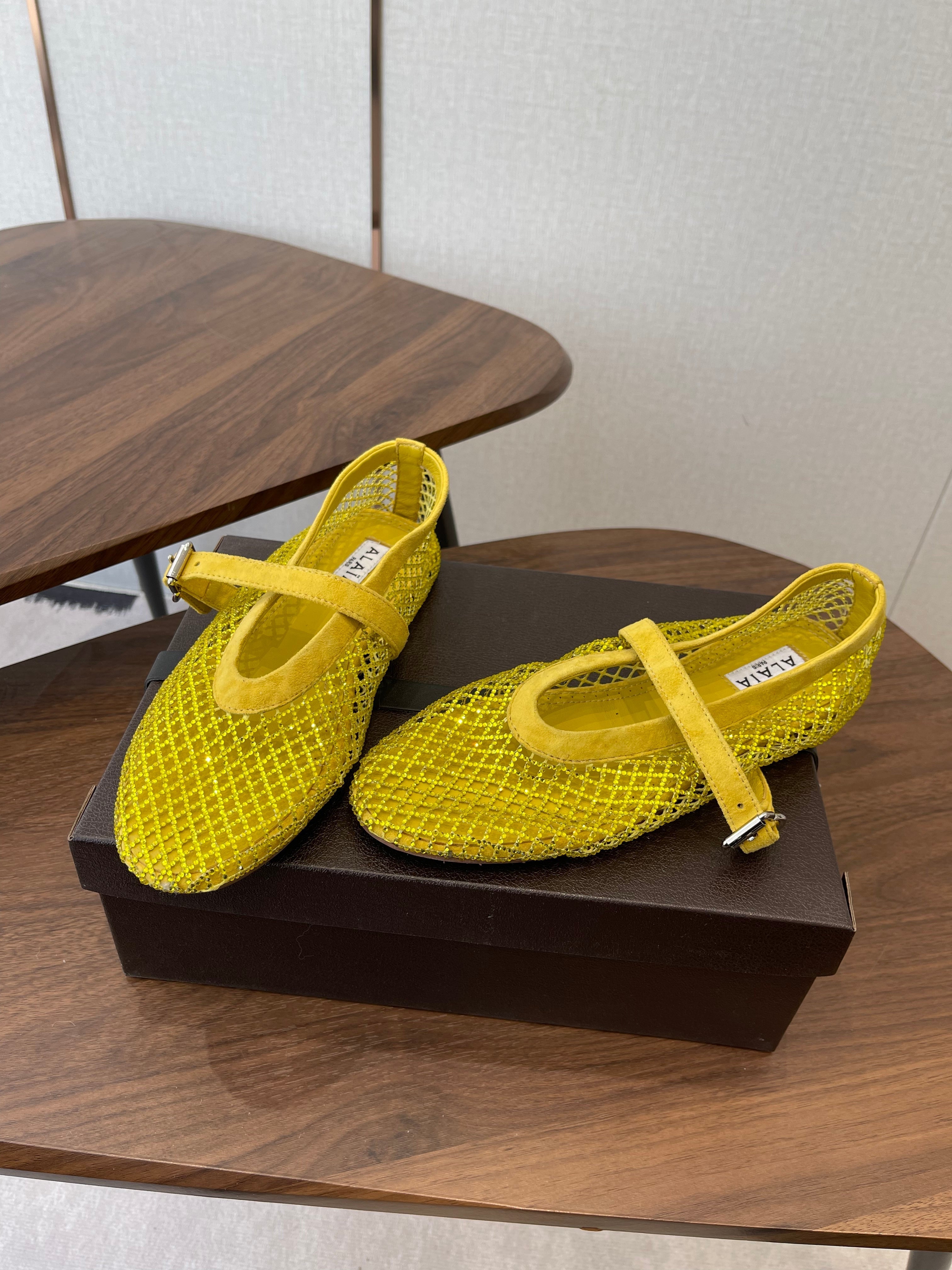 ALAIA 26S MESH FLATS IN DARK YELLOW SUEDE RHINESTONE-EMBELLISHED
