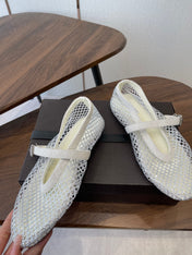 ALAIA 26S MESH FLATS IN WHITE SUEDE RHINESTONE-EMBELLISHED