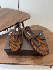 ALAIA 26S MESH FLATS IN DARK BROWN SUEDE RHINESTONE-EMBELLISHED