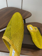 ALAIA 26S FLAT MULES IN DARK YELLOW SUEDE AND MESH RHINESTONE-EMBELLISHED