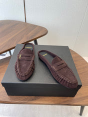 YSL 26S LOAFER MULES IN DARK PLUM BROWN SUEDE