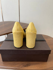 ALAIA 26S SQUARE-TOE HIGH HEELS 95 MM IN YELLOW PONY HAIR