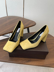 ALAIA 26S SQUARE-TOE HIGH HEELS 95 MM IN YELLOW PONY HAIR