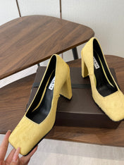 ALAIA 26S SQUARE-TOE HIGH HEELS 95 MM IN YELLOW PONY HAIR