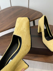 ALAIA 26S SQUARE-TOE HIGH HEELS 95 MM IN YELLOW PONY HAIR