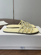 LOEWE 26S FLAT SANDALS IN LIGHT YELLOW CALFSKIN WITH CRYSTALS