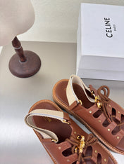 CELINE 25S BILLIE CHUNKY SANDAL IN BROWN CALFSKIN AND TEXTILE