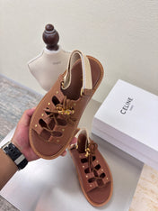 CELINE 25S BILLIE CHUNKY SANDAL IN BROWN CALFSKIN AND TEXTILE