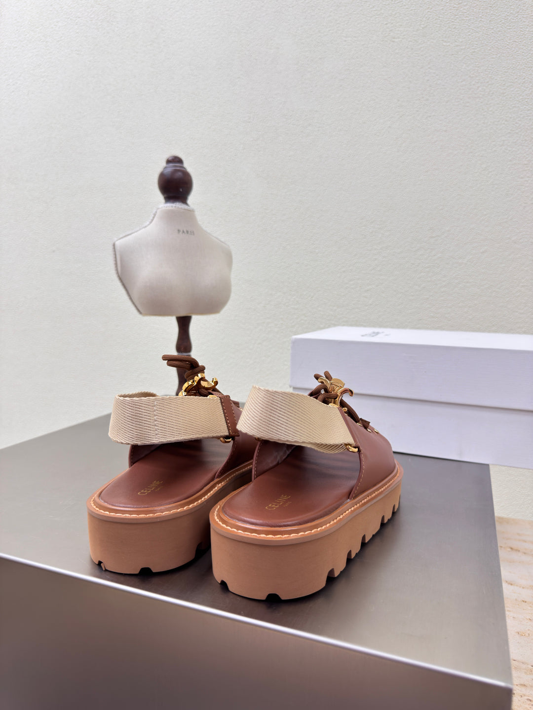 CELINE 25S BILLIE CHUNKY SANDAL IN BROWN CALFSKIN AND TEXTILE