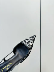 CC SLINGBACK 25S IN BLACK LACE FABRIC WITH SILVER HARDWARE
