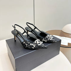 CC SLINGBACK 25S IN BLACK LACE FABRIC WITH SILVER HARDWARE