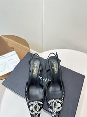 CC SLINGBACK 25S IN BLACK LACE FABRIC WITH SILVER HARDWARE