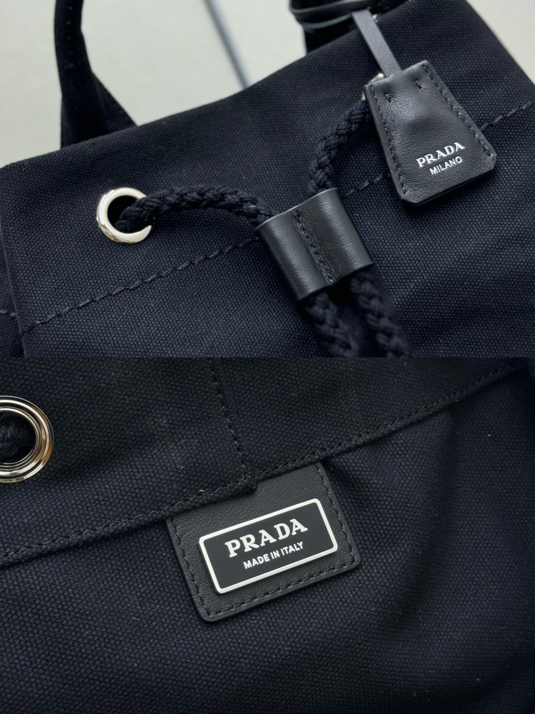 PRADA 25S DRAWSTRING BACKPACK 55 IN BLACK CANVAS LINEN SILVER HARDWRE