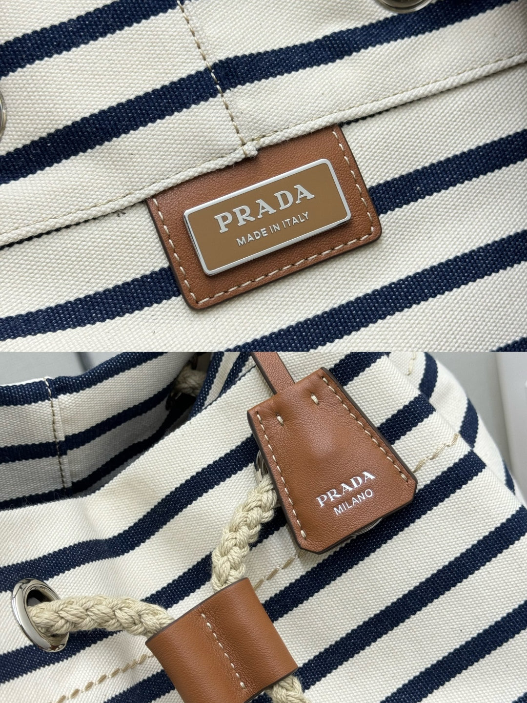 PRADA 25S DRAWSTRING BACKPACK 55 IN HORIZONTAL STRIPES CANVAS SILVER HARDWARE