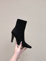 YSL 25S HEELED ANKLE BOOTS 75 MM IN BLACK SUEDE