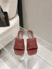 LOEWE 26S WOVEN HEEL SANDALS 50 MM IN DARK RED LAMBSKIN