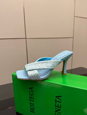 BOTTEGA VENETA 26S HEELED SANDALS 95 MM IN LIGHT BLUE CALFSKIN AND RAFFIA