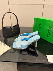 BOTTEGA VENETA 26S HEELED SANDALS 95 MM IN LIGHT BLUE CALFSKIN AND RAFFIA
