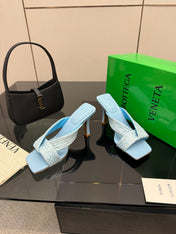 BOTTEGA VENETA 26S HEELED SANDALS 95 MM IN LIGHT BLUE CALFSKIN AND RAFFIA