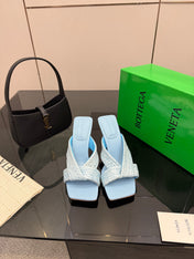 BOTTEGA VENETA 26S HEELED SANDALS 95 MM IN LIGHT BLUE CALFSKIN AND RAFFIA