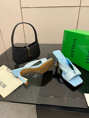 BOTTEGA VENETA 26S HEELED SANDALS 95 MM IN LIGHT BLUE CALFSKIN AND RAFFIA