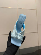 BOTTEGA VENETA 26S HEELED SANDALS 95 MM IN LIGHT BLUE CALFSKIN AND RAFFIA