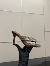 BOTTEGA VENETA 26S HEELED SANDALS 95 MM IN DARK BROWN CALFSKIN AND RAFFIA