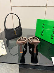 BOTTEGA VENETA 26S HEELED SANDALS 95 MM IN DARK BROWN CALFSKIN AND RAFFIA