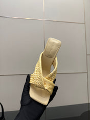 BOTTEGA VENETA 26S HEELED SANDALS 95 MM IN LIGHT YELLOW CALFSKIN AND RAFFIA