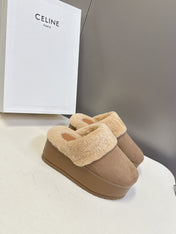 CELINE 26S WEDGE MULES IN SAND BEIGE SUEDE AND WOOL