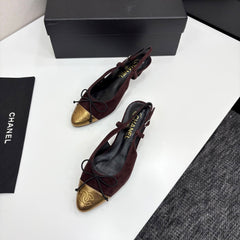 CC SLINGBACK 25S IN DEEP BURGUNDY SUEDE AND GOLDEN BROWN LAMBSKIN WITH BOW