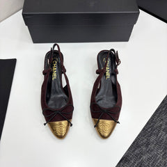 CC SLINGBACK 25S IN DEEP BURGUNDY SUEDE AND GOLDEN BROWN LAMBSKIN WITH BOW