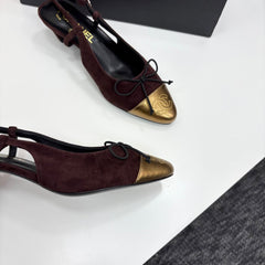 CC SLINGBACK 25S IN DEEP BURGUNDY SUEDE AND GOLDEN BROWN LAMBSKIN WITH BOW