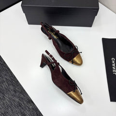 CC SLINGBACK 25S IN DEEP BURGUNDY SUEDE AND GOLDEN BROWN LAMBSKIN WITH BOW