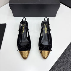 CC SLINGBACK 25S IN BLACK SUEDE AND GOLDEN BROWN LAMBSKIN WITH BOW