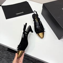 CC SLINGBACK 25S IN BLACK SUEDE AND GOLDEN BROWN LAMBSKIN WITH BOW