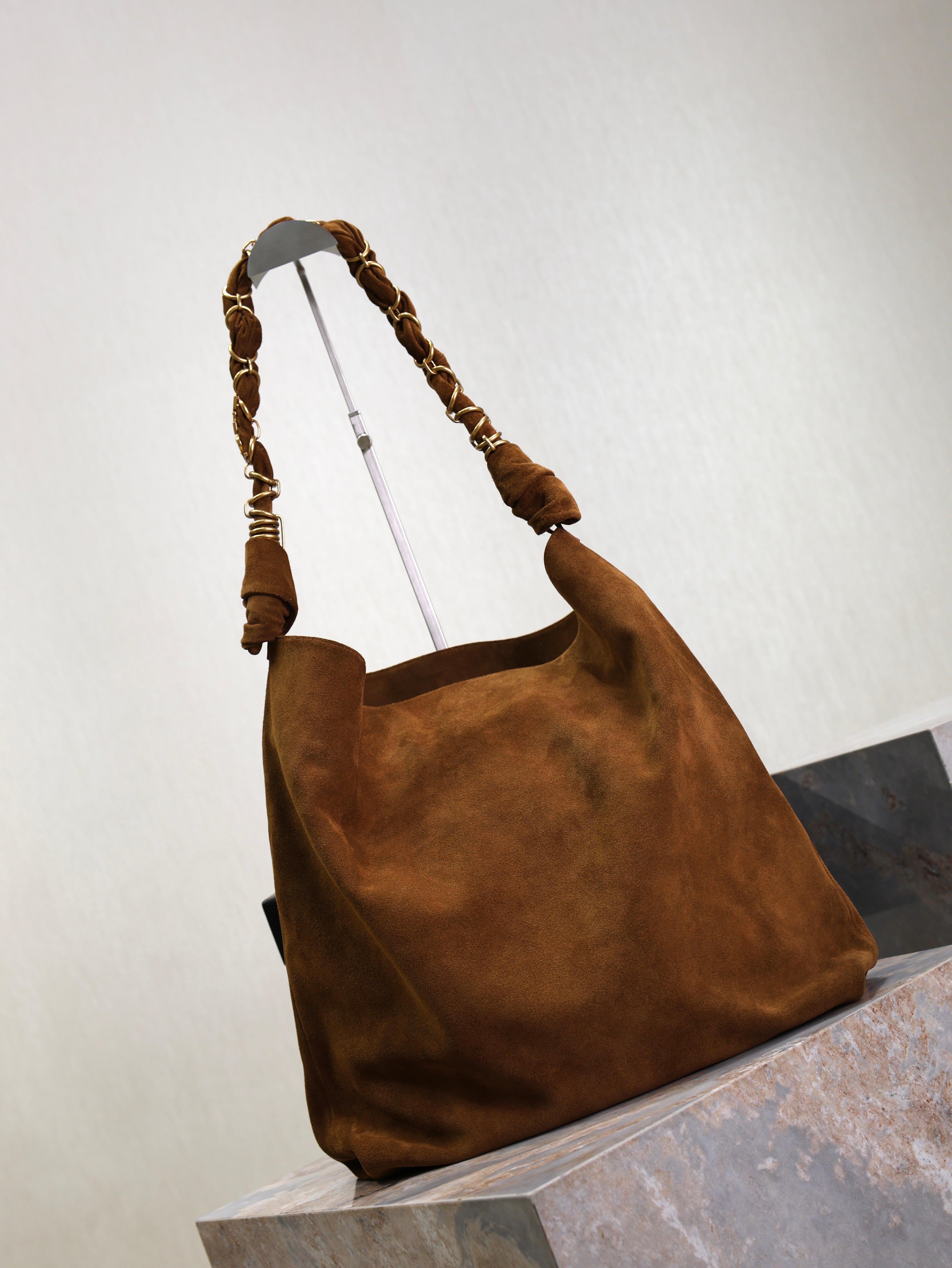 YSL 25S AMALIA 50 IN DARK CARAMEL SUEDE GOLD HARDWARE