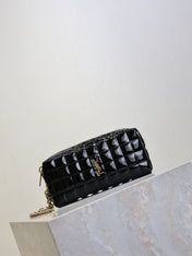 YSL 25S CASSANDRE MATELASSÉ CARRÉ POUCH ON CHAIN 18 IN BLACK SHINY CALFSKIN