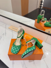 HIGH SANDALS 8 CM IN EMERALD GREEN MONOGRAM DENIM AND CALFSKIN