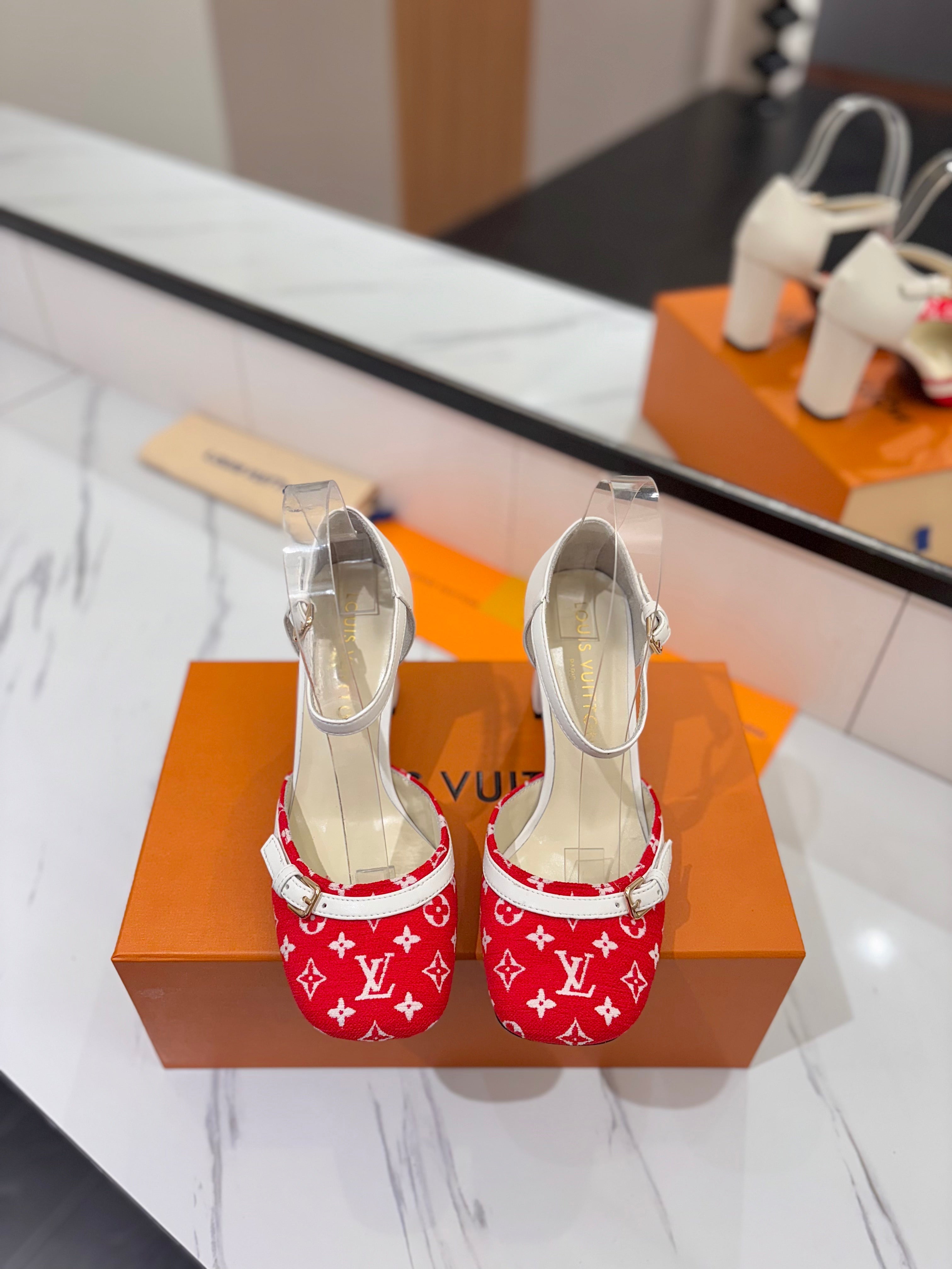 HIGH SANDALS 8 CM IN CHERRY RED MONOGRAM DENIM AND WHITE CALFSKIN
