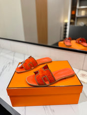 HM 26S ORAN SANDALS IN ORANGE SUEDE WITH TAN BOWN BRAIDED TRIM