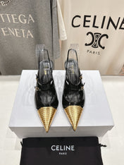 JUDY DOUBLE STRAP MARY JANE SLINGBACK 65MM IN BLACK SHINY CALFSKIN AND GOLD SNAKE EMBOSSED LEATHER